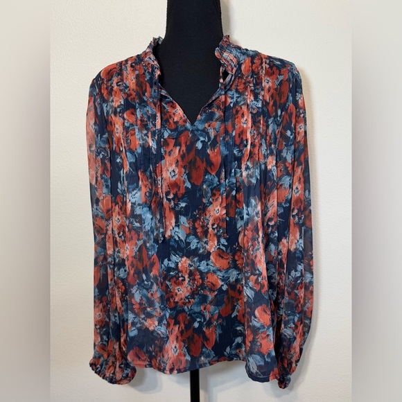 Sam Edelman Tops - Sam Edelman~ Women’s Sheer Front Tie V-Neck long Sleeve Floral Blouse Size Large